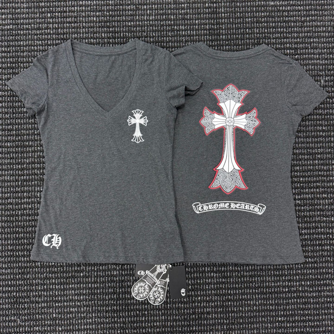 Chrome Hearts Print V-Neck Slim Fit Sexy Style Short-Sleeve