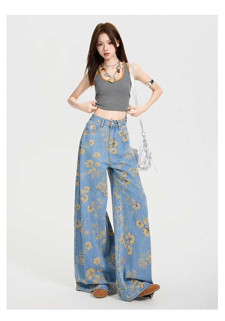 Y2K Floral Print Loose-Fit Flared Denim Trousers