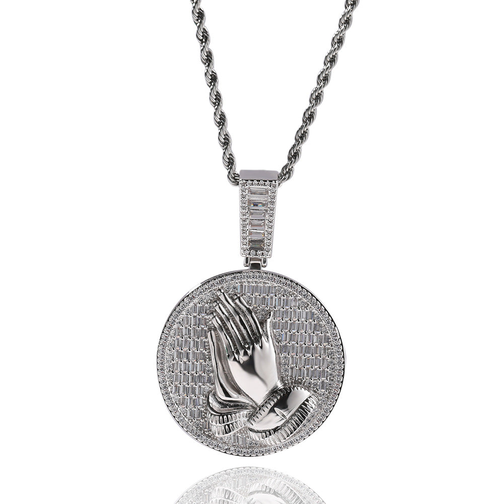Hip-hop round disc zircon-encrusted praying hands pendant