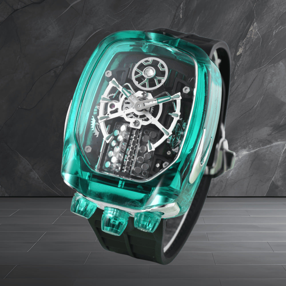 W16 Engine-Style Watch with Sparkling Transparent Crystal Case