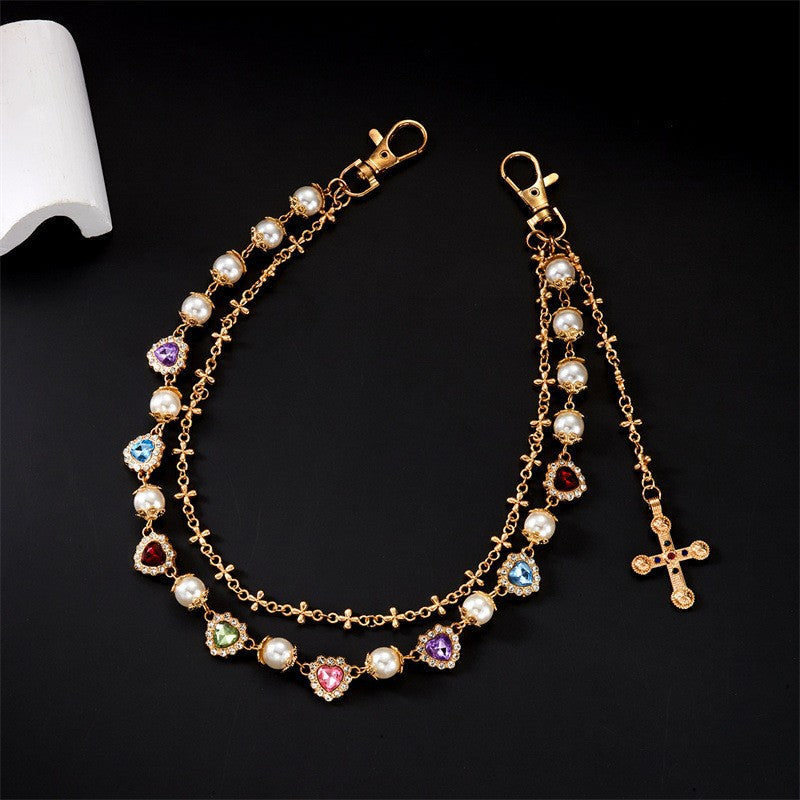 Multi-Color Gemstone, Pearl, and Cross Punk Waist Chain