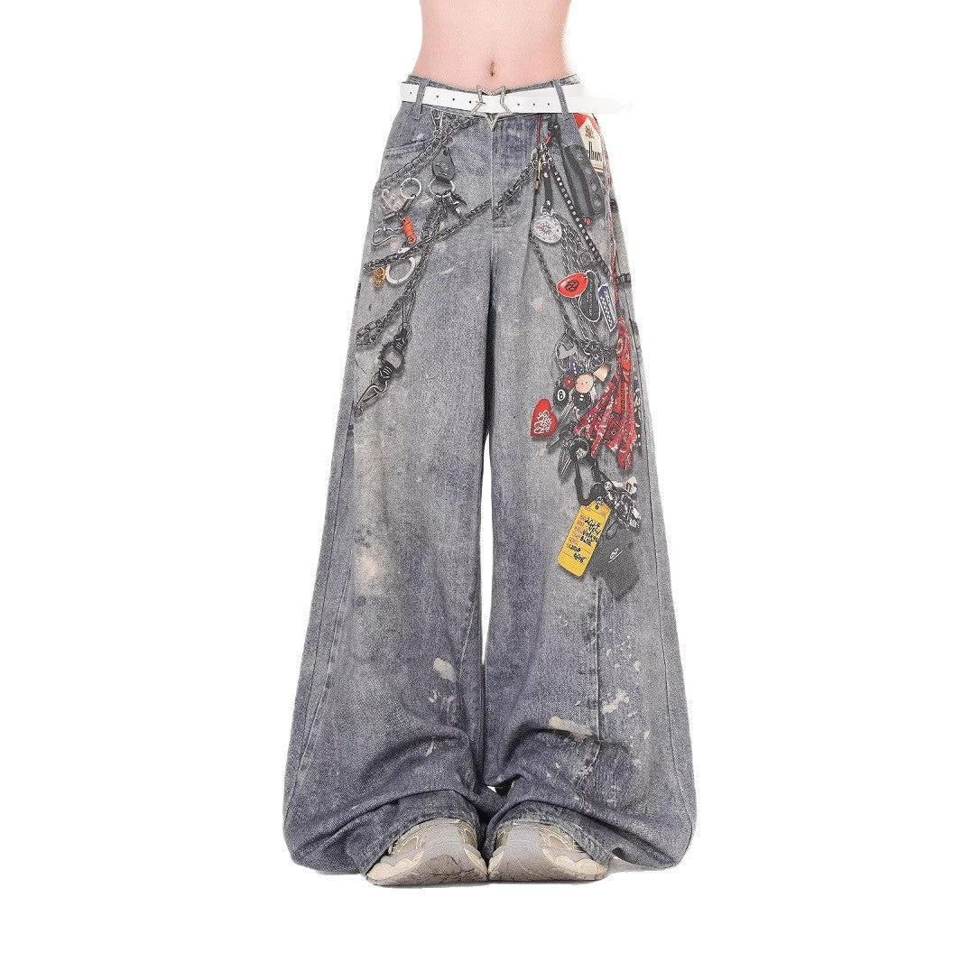 3D Digital Print Straight-Leg Distressed Wide-Leg Jeans