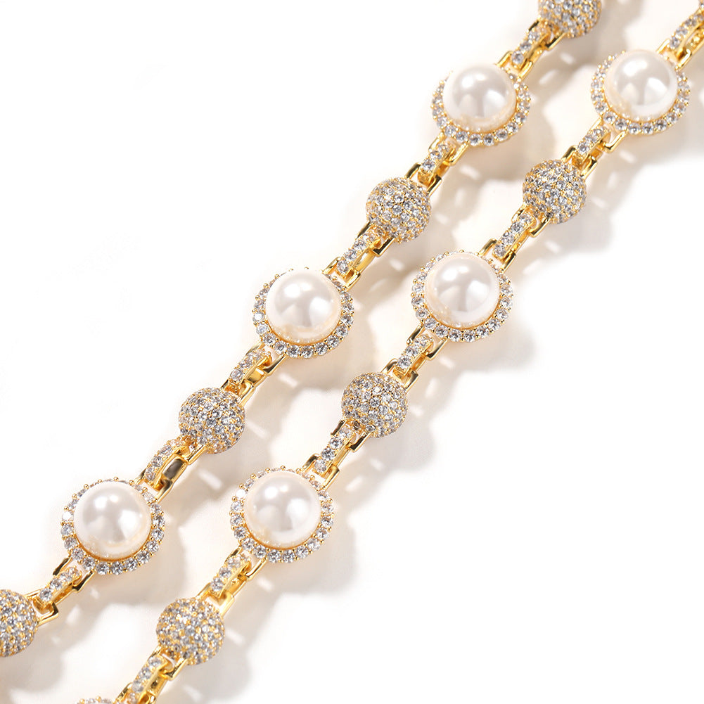 Hip-Hop Silver Pearl Necklace with Diamond Accents