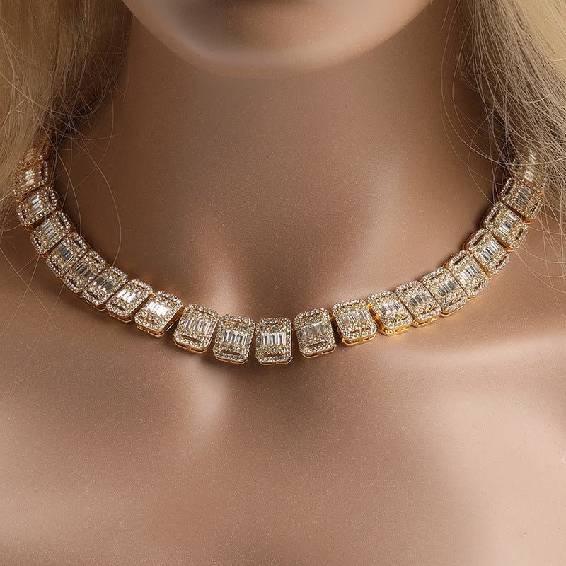 Alloy Necklace, 13mm, Diamond-Studded Nine-Panel Chain