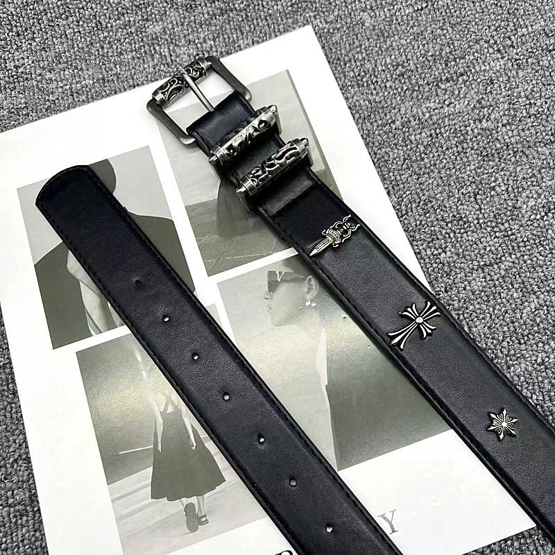 Chrome Hearts Vine Carved Coral Buckle Gothic Studded Leather Belt