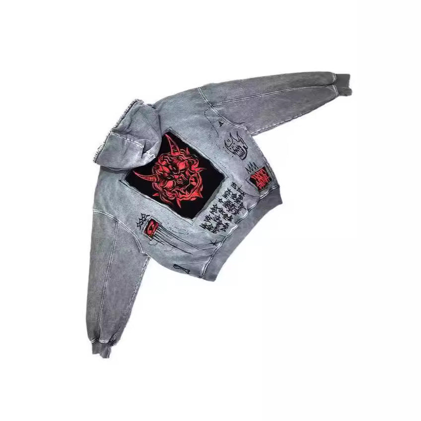 Y2K Retro Hoodie with Devil Print and Appliqué
