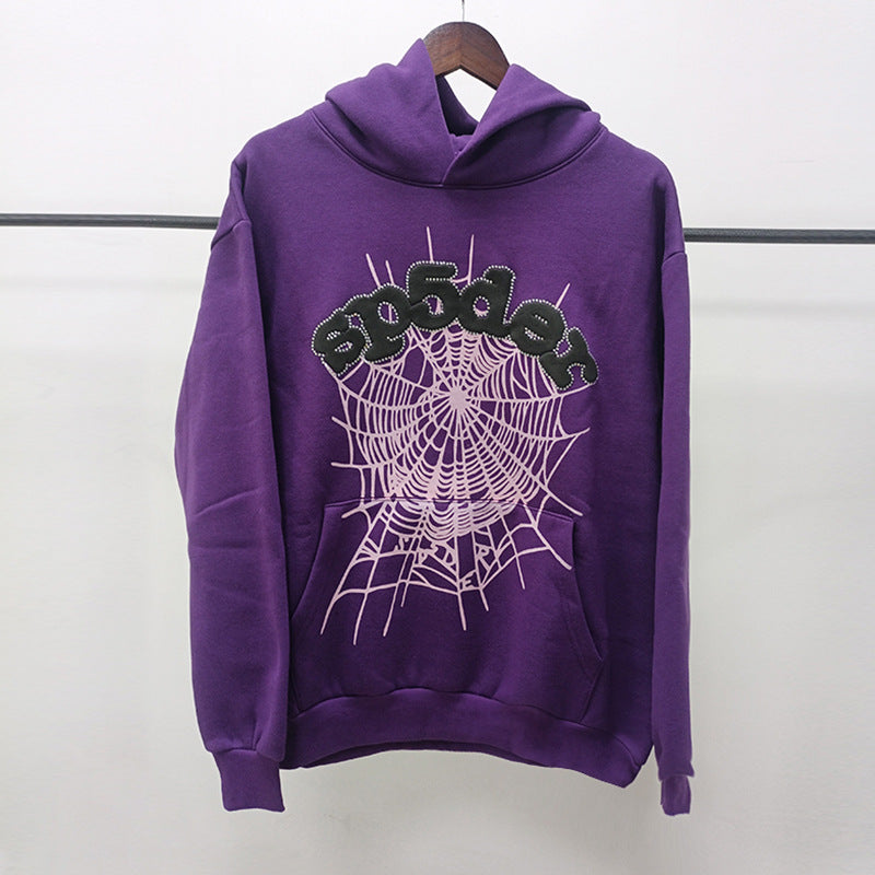 Sp5der fleece-lined hoodie with spiderweb print.