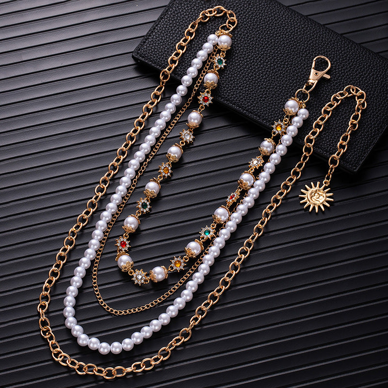 Rhinestone & Pearl Jewelry Set: Bracelet, Necklace, and Waist Chain
