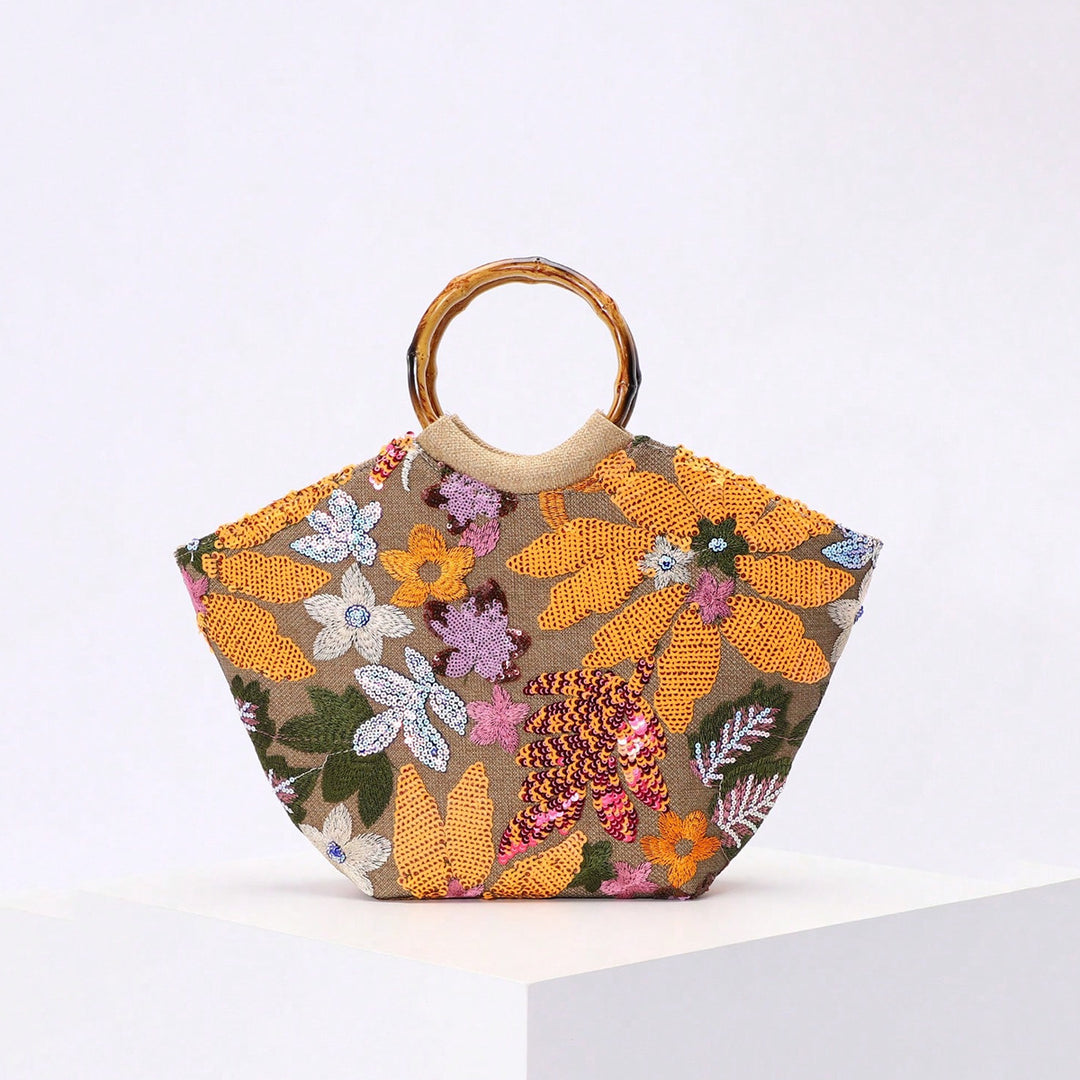 Embroidered Appliqué Sequins and Flowers Vacation Style Handbag
