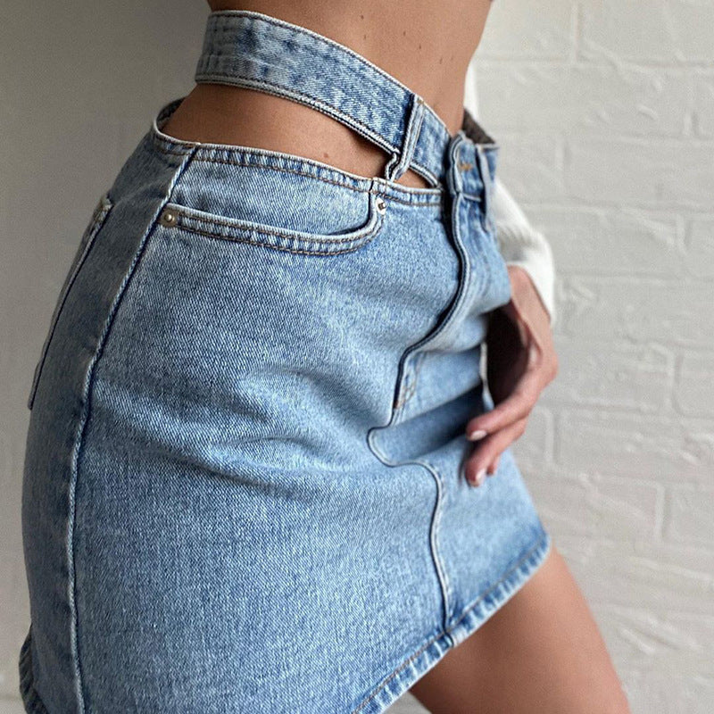 High-waisted denim mini skirt with one-sided cutout