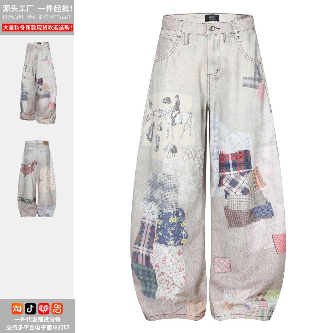 Patchwork Print Curved Blade Loose Fit Jeans