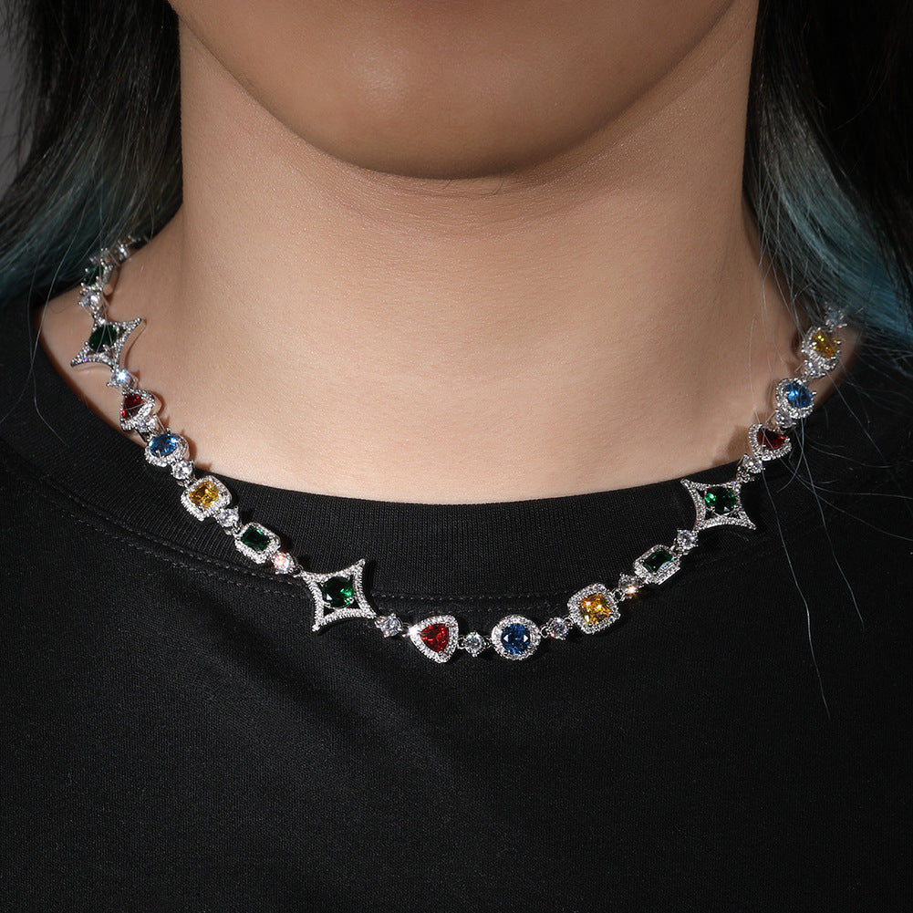 Hip-hop style zircon and colored diamond necklace