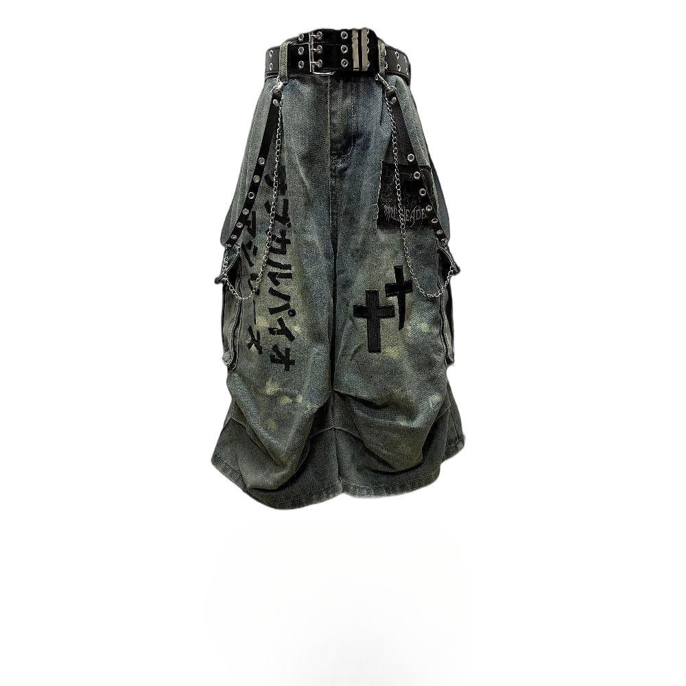 Dark Wasteland-Style Cropped Denim Jeans with Pleats and Patches
