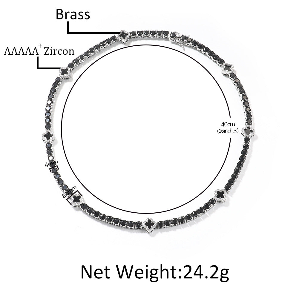 Silver Black Buckle Four-Leaf Clover Tennis Chain Necklace