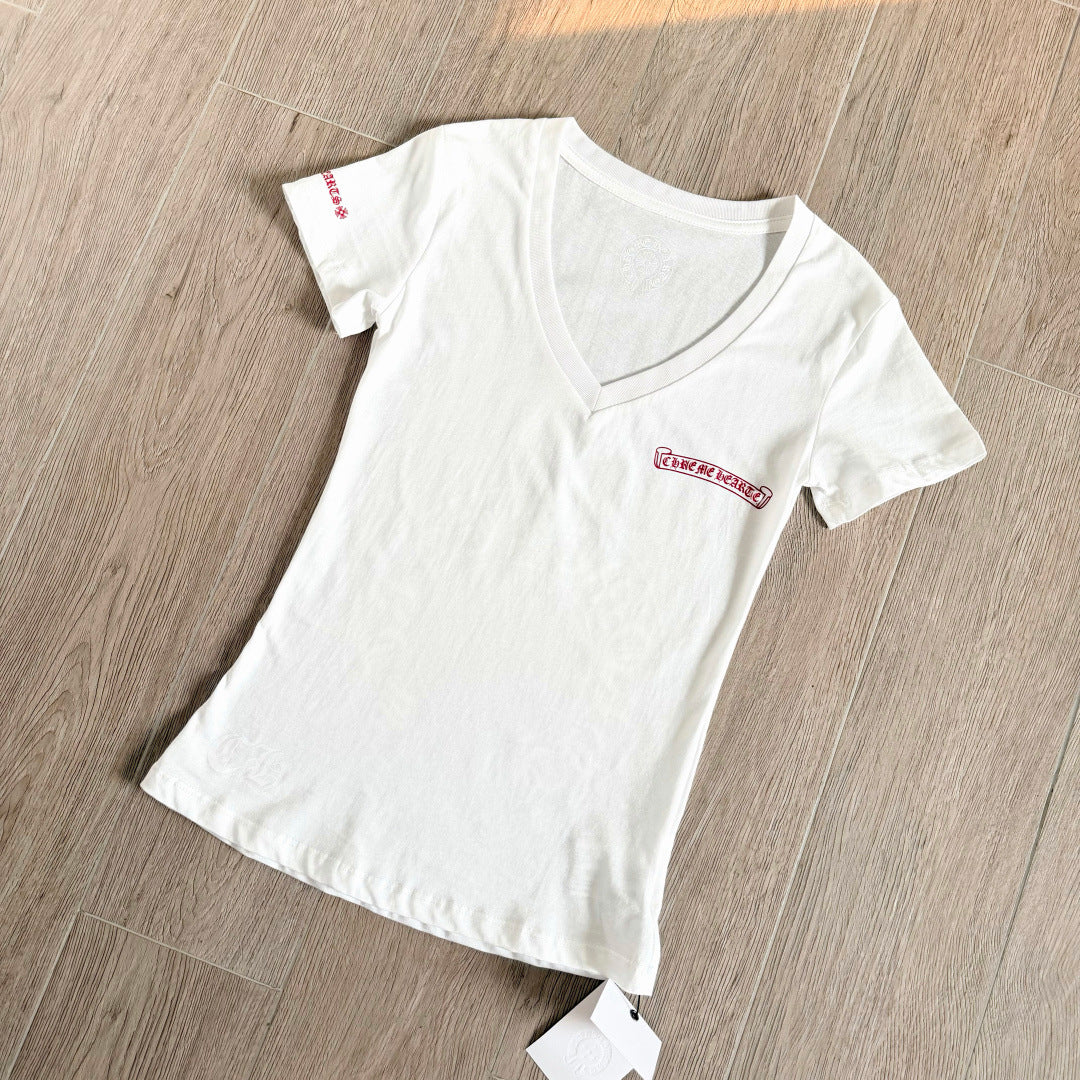 Chrome Hearts V-Neck Scroll Print Short-Sleeve T-Shirt