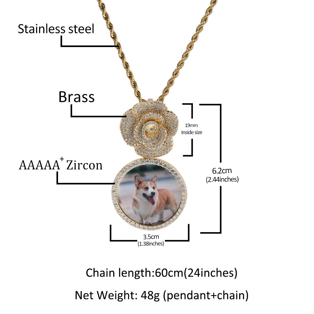 Copper Zircon Round DIY Photo Pendant Rose Button Diamond Necklace