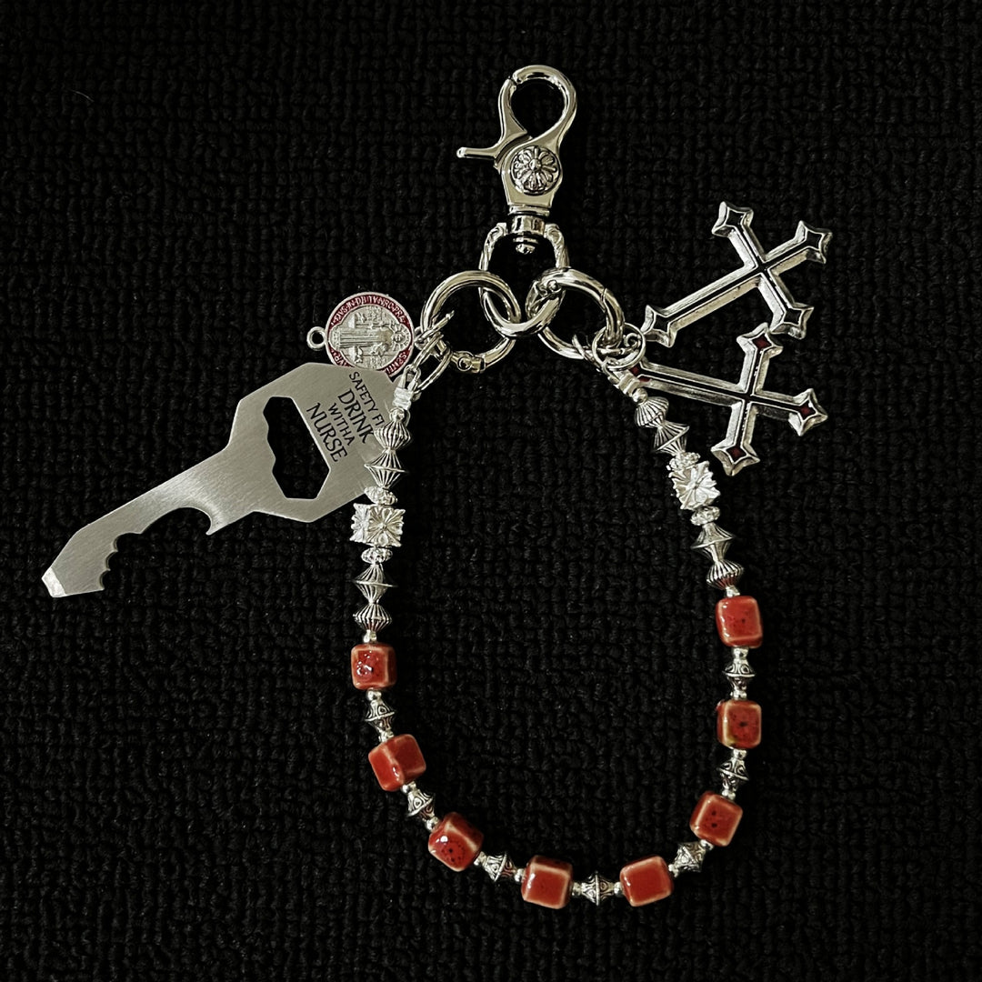 Vintage Blue Ceramic Bead Keychain with Cross Charms