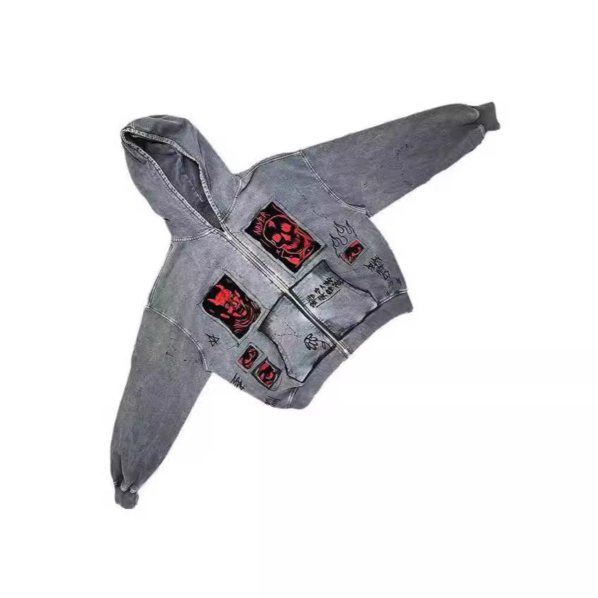 Y2K Retro Hoodie with Devil Print and Appliqué