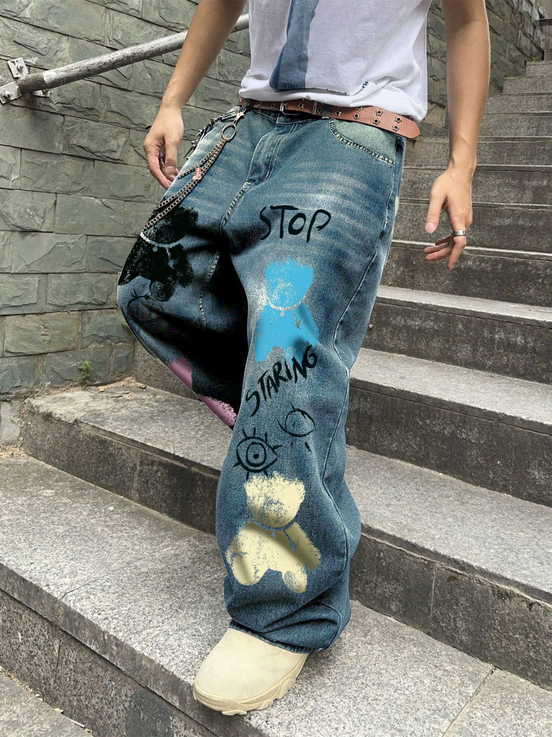 Wide-Leg Denim Jeans with Bear Eyes Print