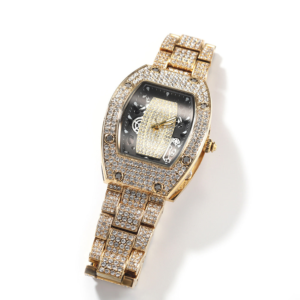 Diamond-set color-blocked hip-hop tonneau-shaped watch
