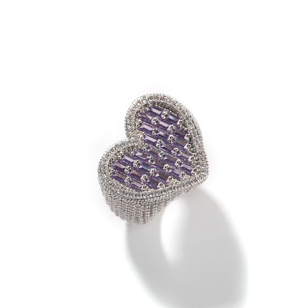 Hip-Hop T-Square & Heart-Shaped Zirconia Ring