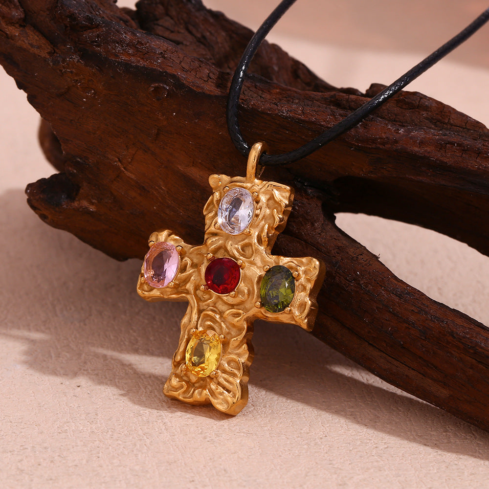 18K colorful hammered cross