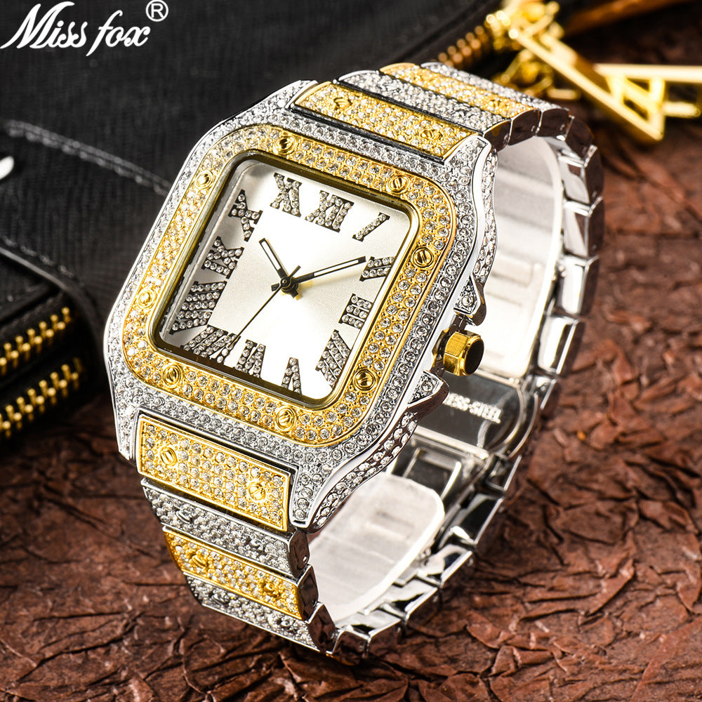 Roman Dial Marker High-End Hip Hop Style Diamond-Studded Square Watch
