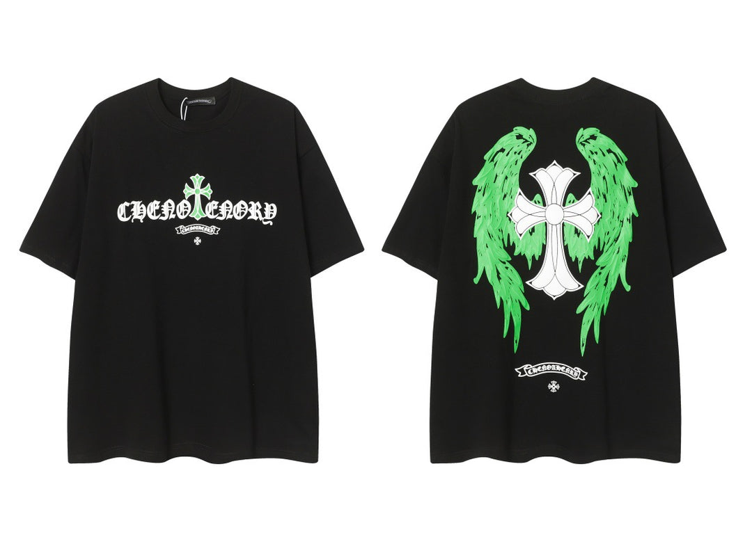 Chrome Heart horseshoe Sanskrit cross fluorescent wings T-shirt