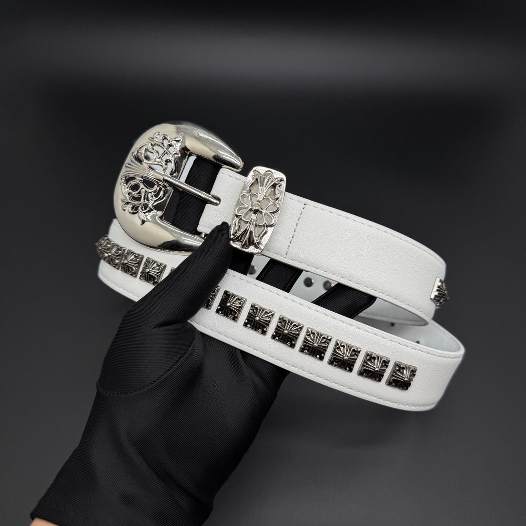 Chrome Hearts cross studded hollowed-out pin buckle leather belt.