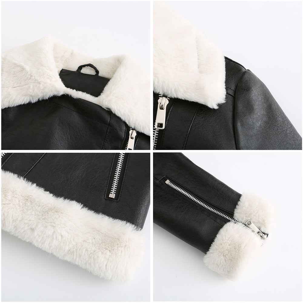 Autumn and winter fleece leather women's warm long-sleeved lapel coat jacket