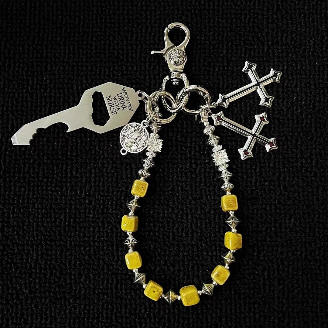 Vintage Blue Ceramic Bead Keychain with Cross Charms