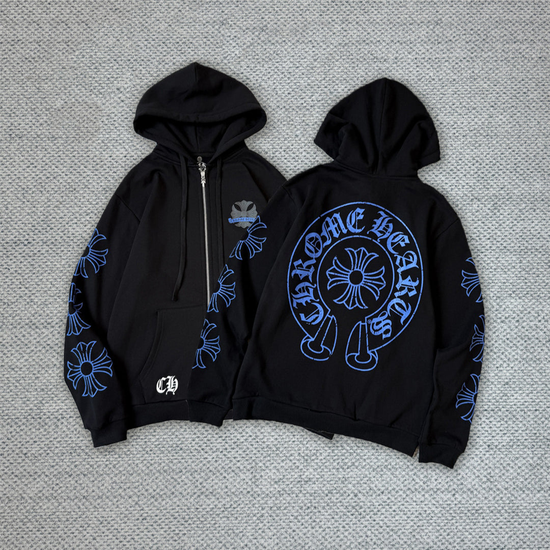 Chrome Hearts blue horseshoe hooded zip-up jacket