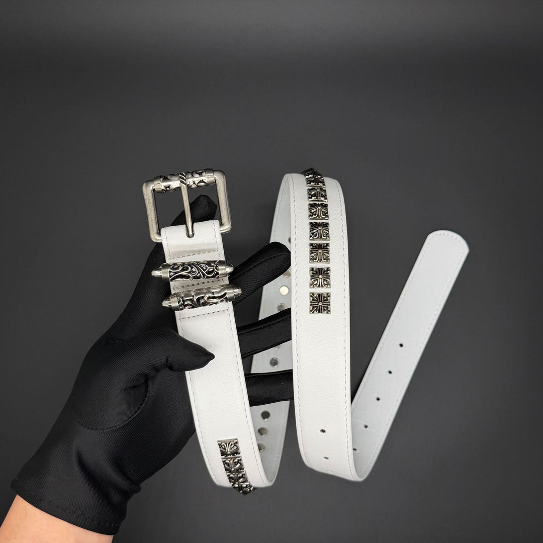 Chrome Hearts cross studded hollowed-out pin buckle leather belt.
