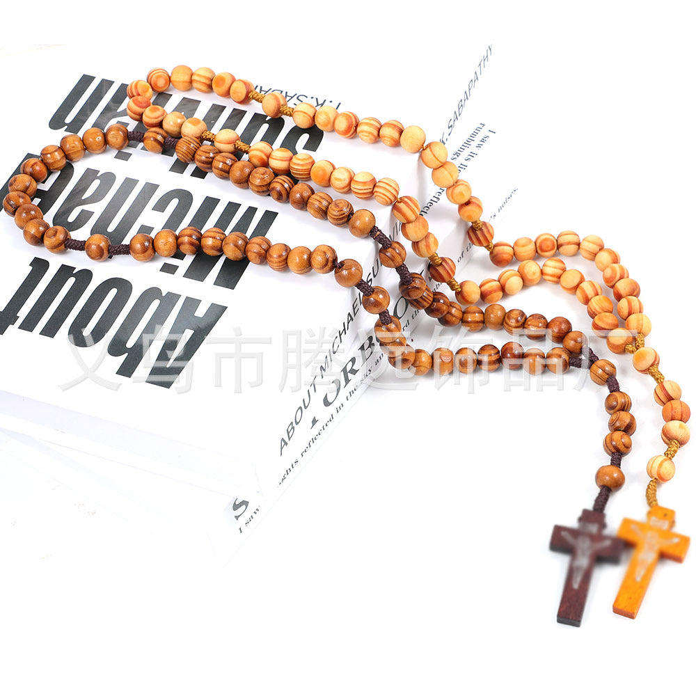 rosary necklace wooden beads cross necklace