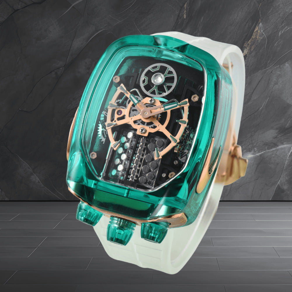 W16 Engine-Style Watch with Sparkling Transparent Crystal Case