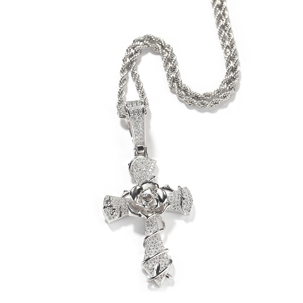 Hip-hop rose cross necklace with 5A zircon inlay