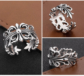 S925 sterling silver chrome hearts cross flower retro open ring