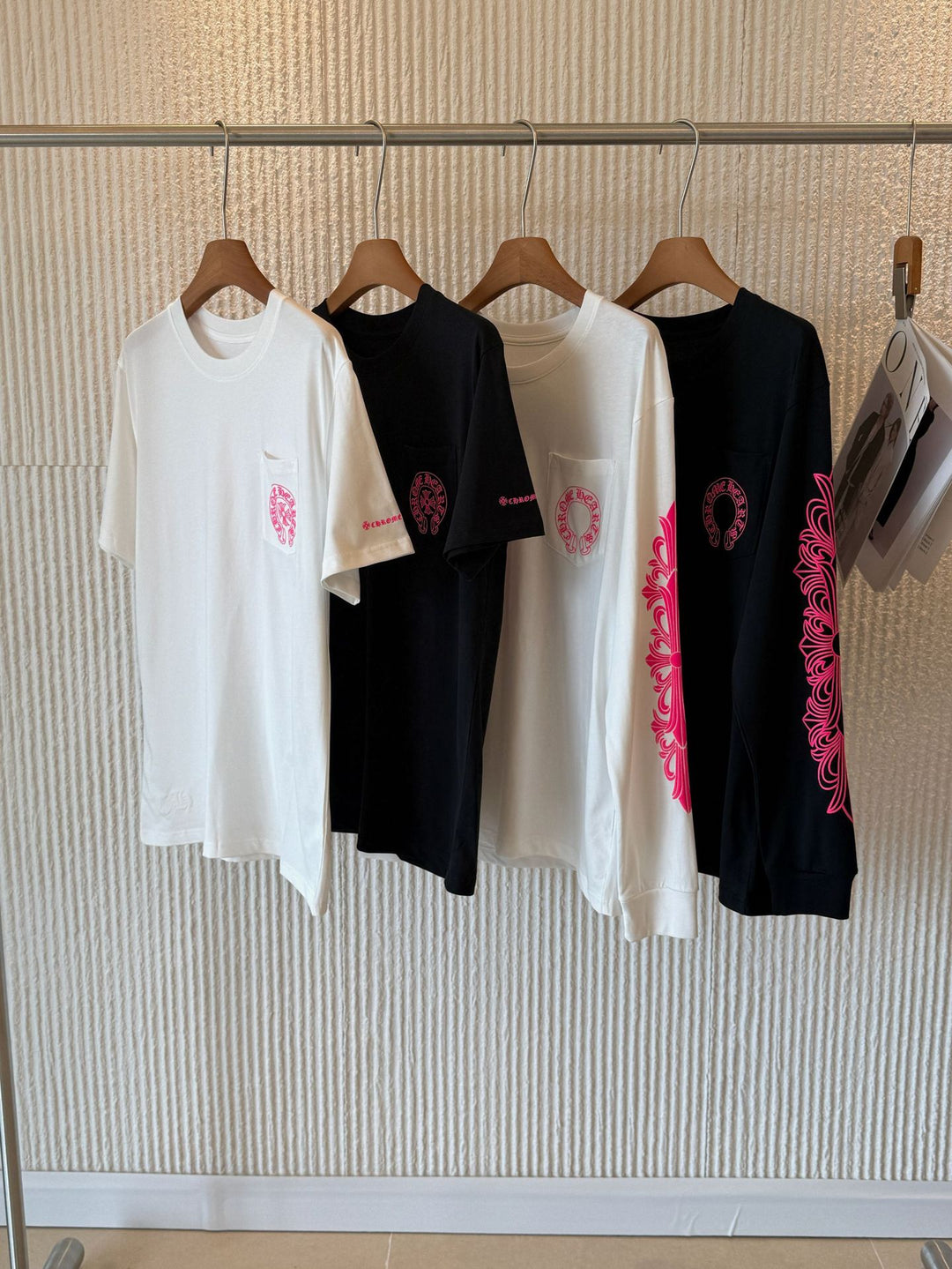 Chrome Hearts Pink Horseshoe Flower Sleeve Print T-Shirt