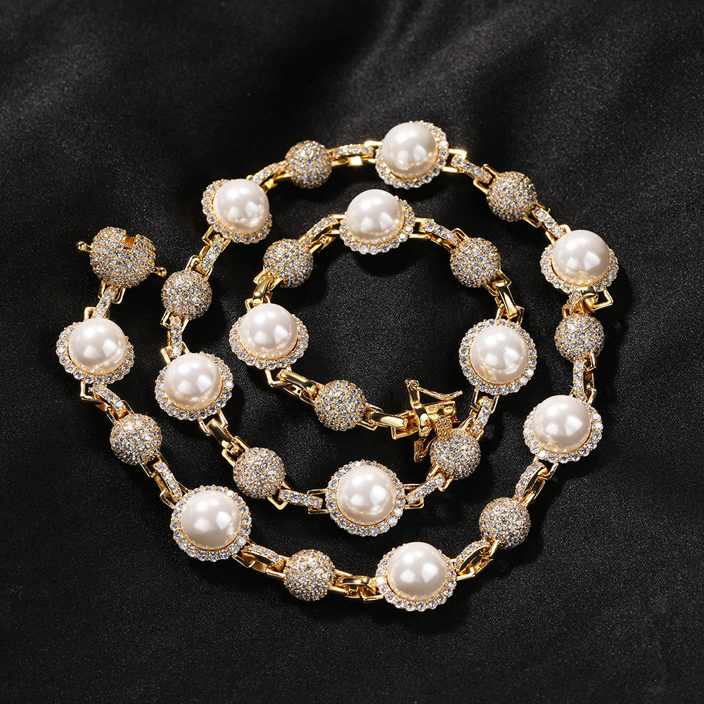 Hip-Hop Silver Pearl Necklace with Diamond Accents