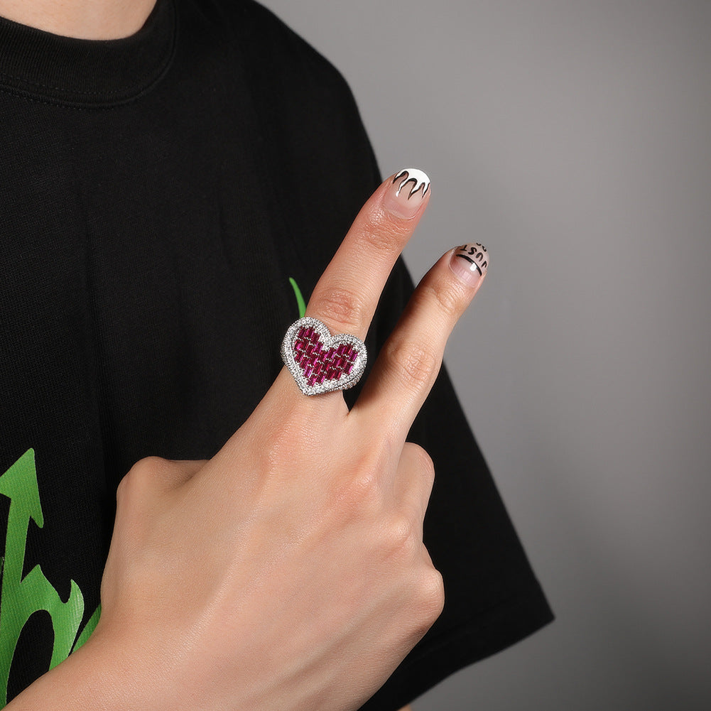 Hip-Hop T-Square & Heart-Shaped Zirconia Ring