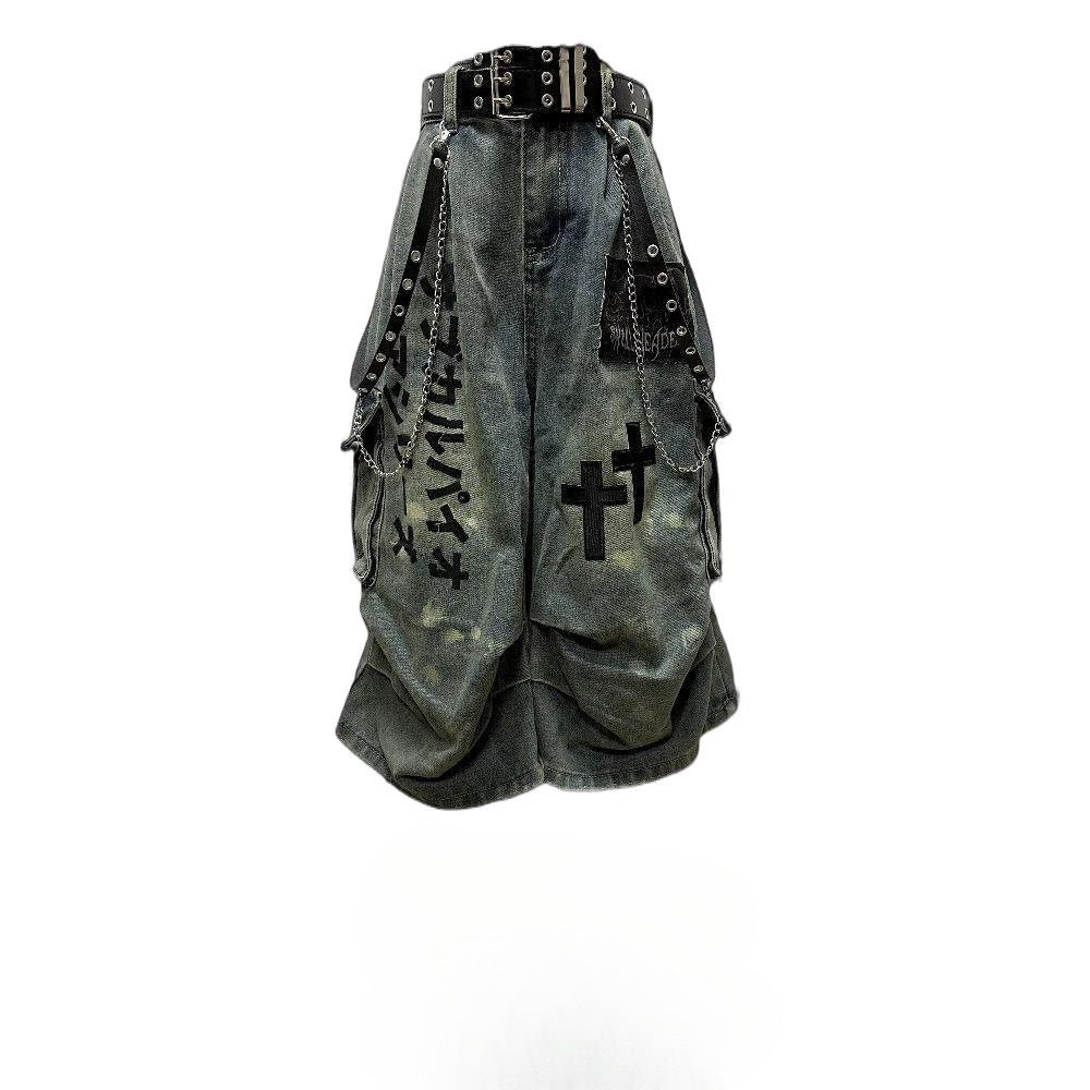 Dark Wasteland-Style Cropped Denim Jeans with Pleats and Patches