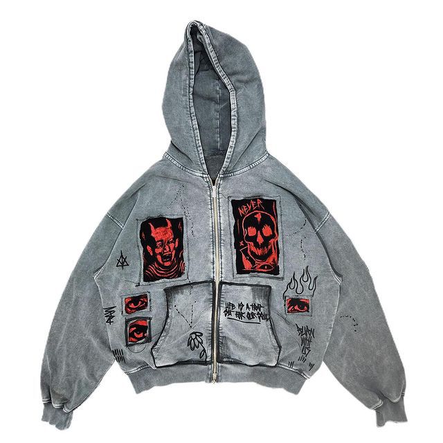 Y2K Retro Hoodie with Devil Print and Appliqué