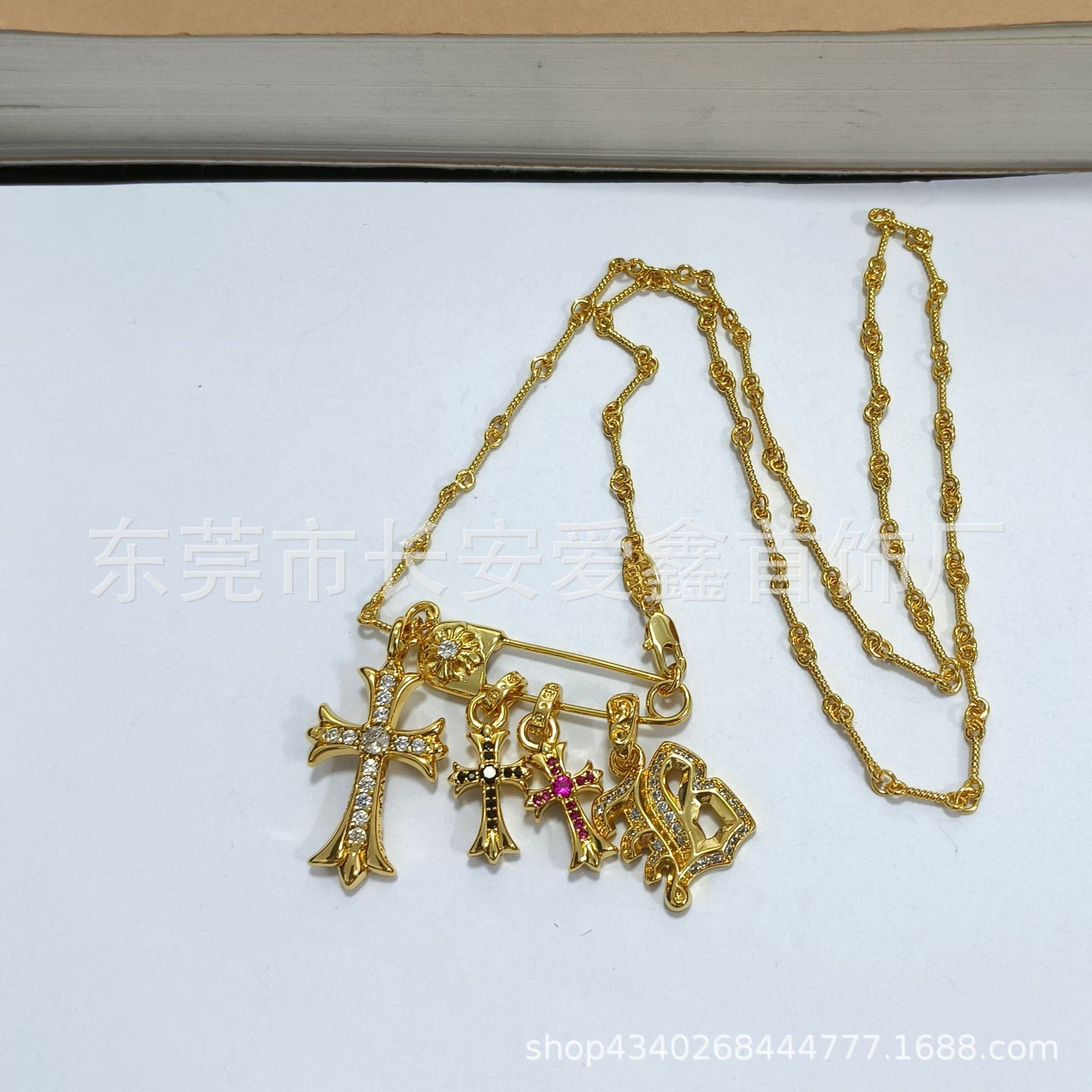 Chrome Hearts Gold Diamond Cross Flame Brooch Necklace