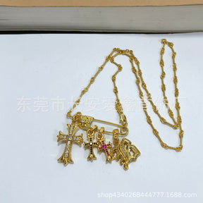 Chrome Hearts Gold Diamond Cross Flame Brooch Necklace