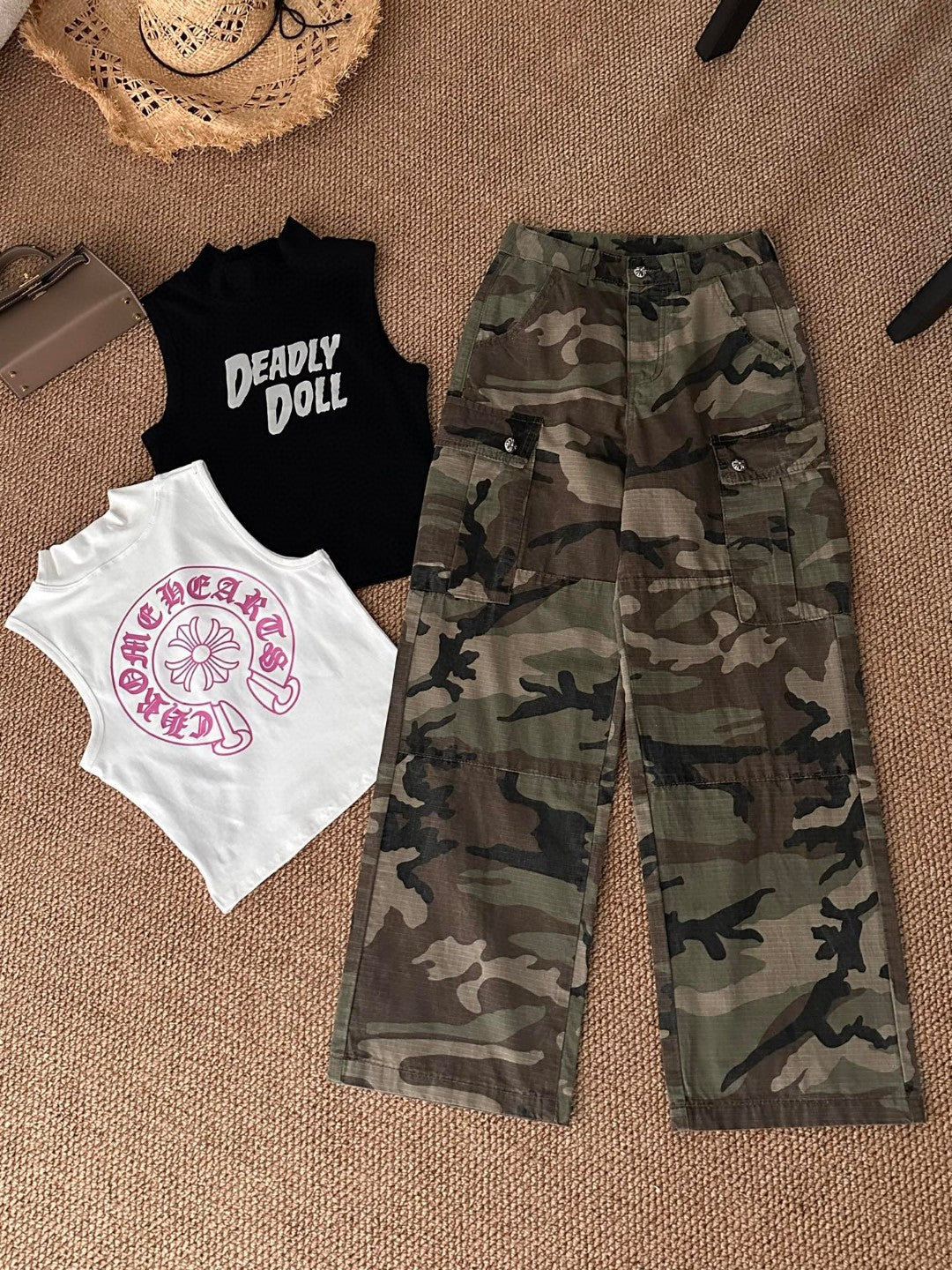 Chrome Hearts sexy tank top, retro cargo camouflage pants