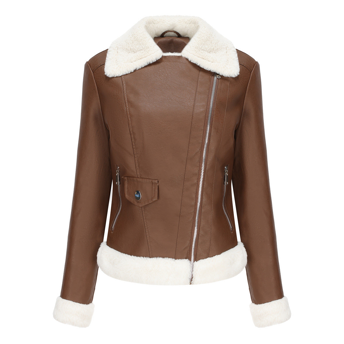 Autumn and winter fleece leather women's warm long-sleeved lapel coat jacket