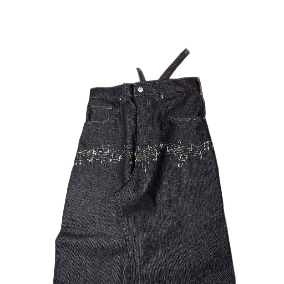 Y2K Loose-Fit Wide-Leg Patchwork Jeans with Floral Embroidery