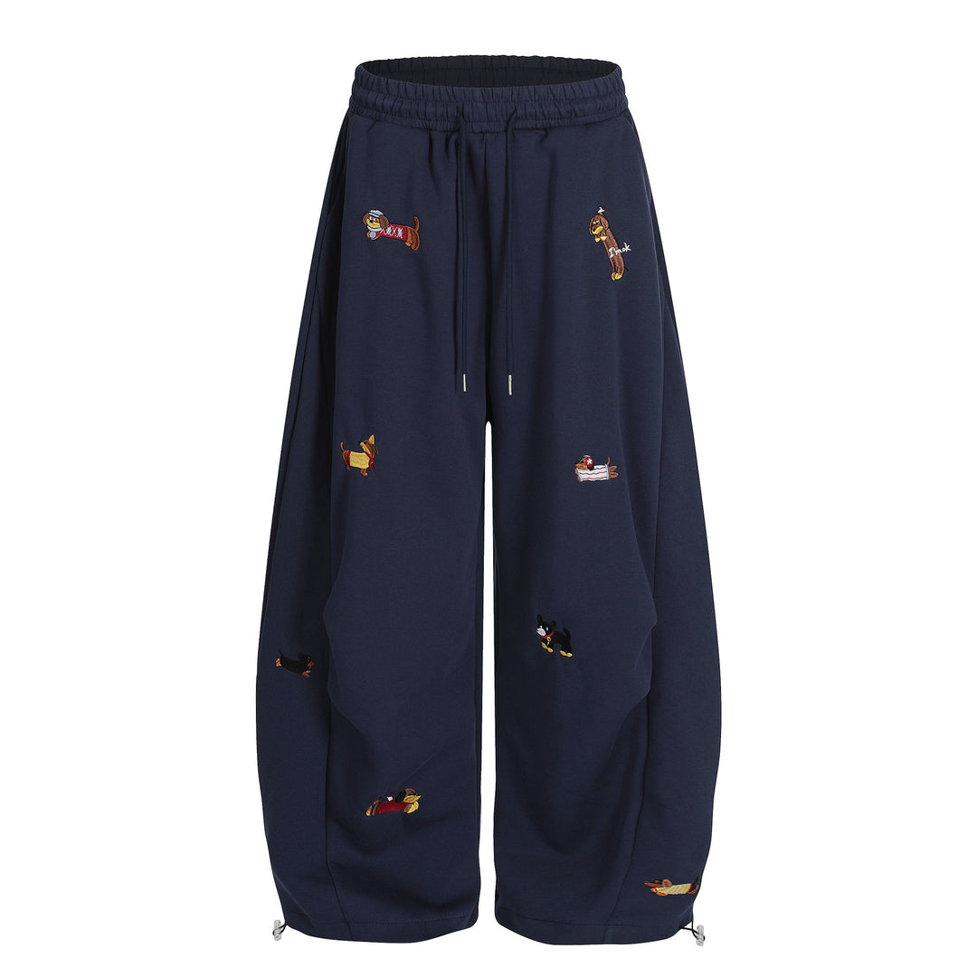 Cartoon Dog Print Straight-Leg Trousers Curved-Cut Casual Pants