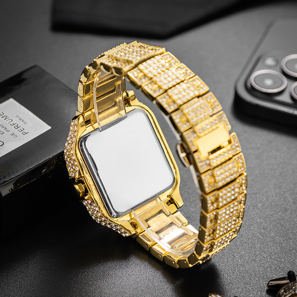Hip-Hop Square Quartz Watch with Full Diamonds and Roman Markers