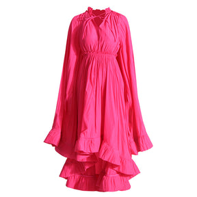 French Palace Style V-Neck Long Sleeve Shawl Pleated Ruffle Dress